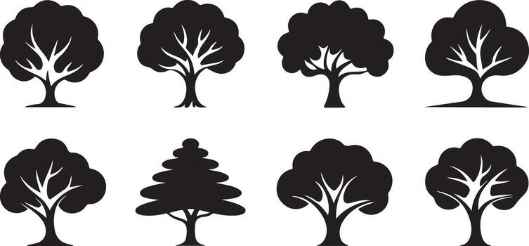 Eight Black Silhouette Tree Icons Collection Various Shapes and Styles Simple Graphic Design Elements Isolated on White Background vector