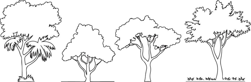 Black and White Line Drawing Set of Four Different Trees Side View Simple Silhouette Illustrations Traced Graphic vector