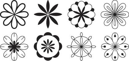 Eight Black and White Flower Ornaments Set Geometric Floral Shapes Design Elements for Decoration vector