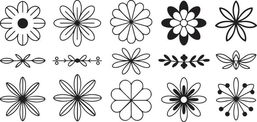 Black and White Set of Floral Ornaments Various Flower Shapes Line Art Designs Simple Elegant Decorative Elements for Craft