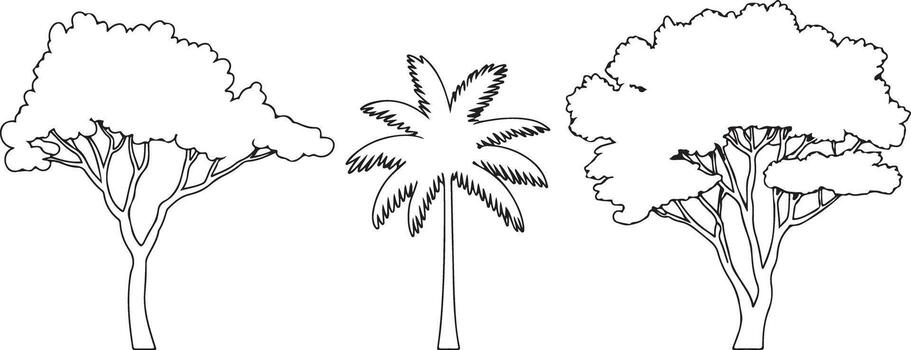 Black and White Line Drawing Set of Three Trees Side View Two Deciduous Trees and One Palm Tree Simple Silhouette Illustration vector
