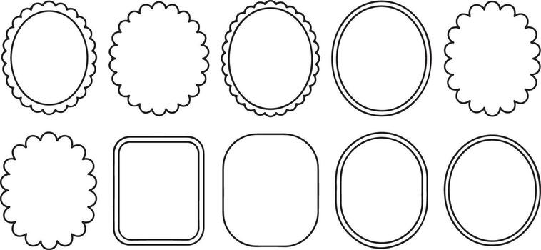 Ten Scalloped Edge and Simple Oval Rectangle Frames Black Outline White Background Graphics vector