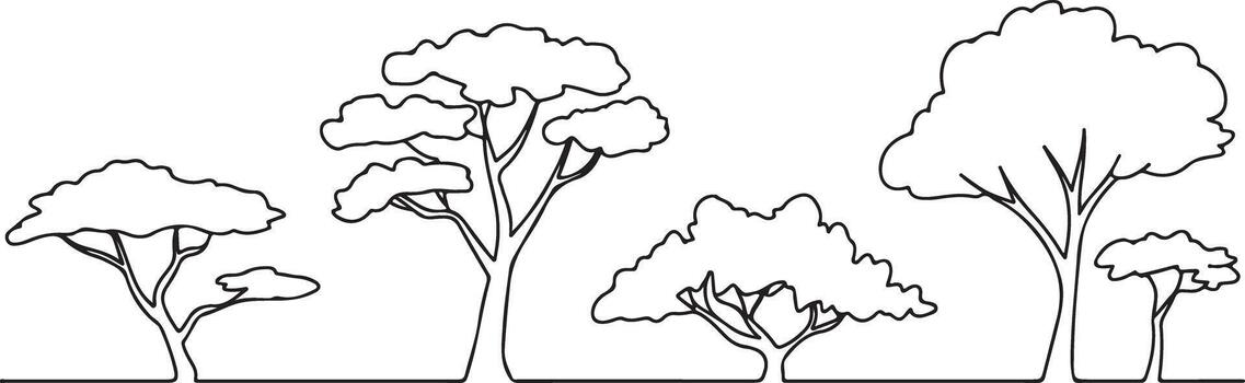 Minimalist Black Line Drawing of a Tree Line Side Profile Featuring Four Trees of Varying Sizes and Shapes Simple Outline Illustration vector