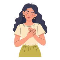 Woman pressing her palms to her chest. Flat hand drawn female character expressing gratitude or love isolated on white background. Self care and emotional well being concept vector