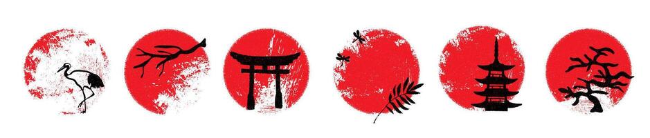 Hand drawn brush red sun with japanese decorative design elements. Red grunge japanese flag circle stamp set. Ground asian rough icon element pack vector