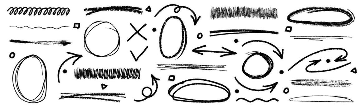 flechas, líneas, elipses, óvalos y burbujas dibujado con lápiz o tiza para delineando y destacando texto. grande colección de texturizado elementos vector