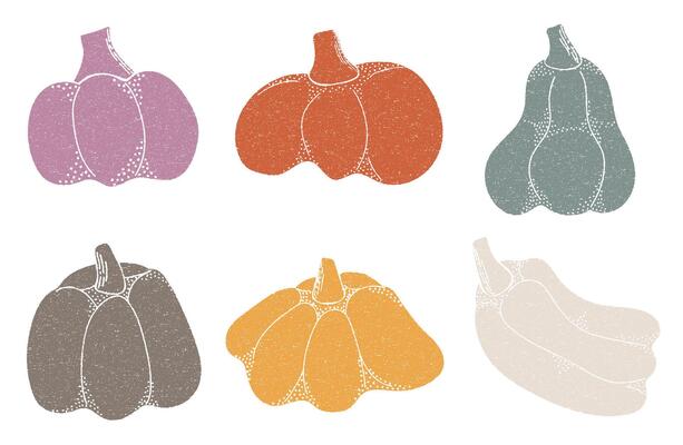 Collection of pumpkin with stamp texture. Thanksgiving and harvesting design elements with photocopy effect.