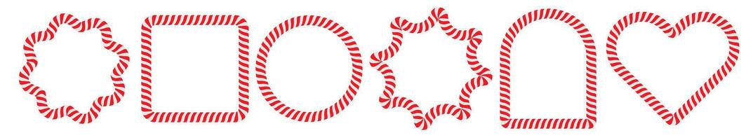 Christmas candy cane simple frame set. Collection of holiday borders with red stripes. Xmas frame with striped candy lollipop pattern. Christmas and new year design elements vector