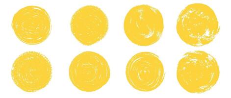 Hand drawn brush sun rough icons. Yellow grunge circle stamp set. Abstract crayon summer frames design elements vector