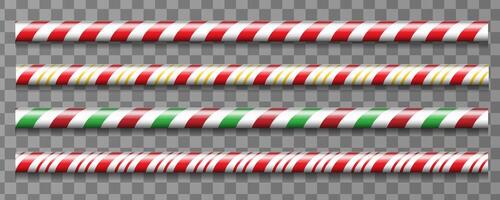 Christmas candy cane horizontal straight line borders with red, gold and green stripes. Holiday xmas borders set with striped candy lollipop pattern. Christmas and new year design elements vector