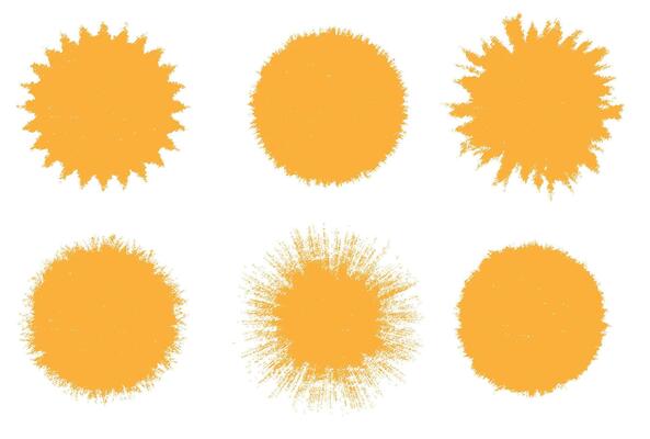 Hand drawn brush sun rough icons. Yellow grunge circle stamp set. Abstract crayon summer frames textured shapes