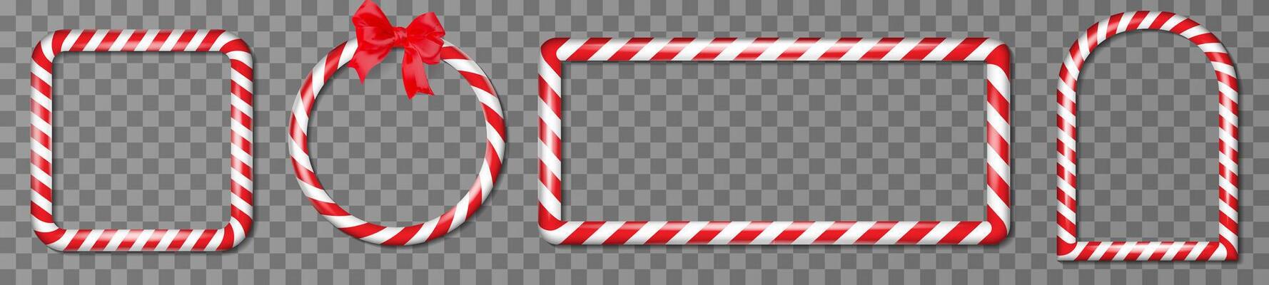 Christmas candy cane frame collection. Set of different shapes borders with red striped. Xmas frames with striped candy lollipop pattern. Christmas and new year design elements