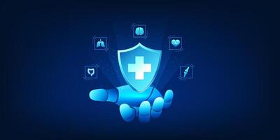 Robot holding Medical Neutrality represents medical technology that uses intelligent AI to help patients access information and receive medical treatment quickly. vector