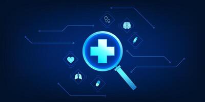 Health care technology Magnifying glass used to view medical icons, showing technology and medicine that helps find new treatment and diagnosis information for patients. vector