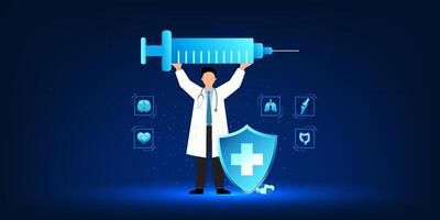 Medical technology, a doctor holding a syringe, represents the invention of medicine to treat patients, leading to the development of new and effective medicines and treatments for emerging diseases. vector