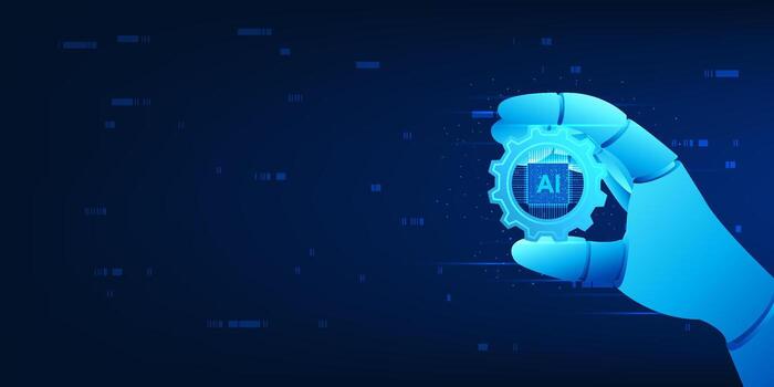 agente ai robótico mano participación un chip. artificial inteligencia representa ai tecnología incrustado en moderno hardware a automáticamente proceso y escanear datos. inteligente sistemas vector