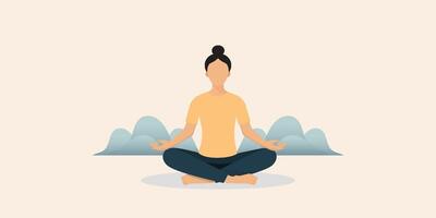 Woman meditating, taking care of her mental health, to gather her thoughts and think about her goals. She is sitting cross-legged, the background shows tranquility without disturbing others. vector