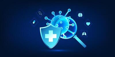 Medical technology, magnifying glasses for viewing viruses, showing the development of vaccines against viruses of the disease, for the prevention of diseases that come with the virus and treatment. vector
