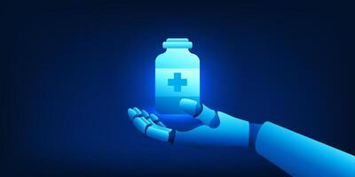 Robot holding a bottle of medicine represents medical technology that uses artificial intelligence to invent medicine to prevent disease and reduce symptoms of illness. vector