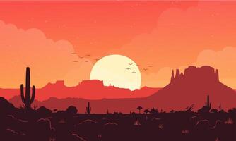 Desert sunset with silhouettes and cacti vector