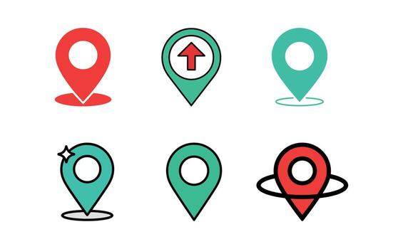 Various location pin icons in red and green with different styles on white vector