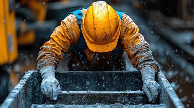 Hardworking laborer in rain working on construction site with focus and determination photo