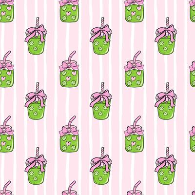 Cute seamless pattern Coquette Ice matcha latte with ribbon bow illustration, cute Girly trendy summer aesthetic lovers background