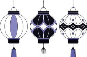 Three hanging lanterns with black and purple designs vector