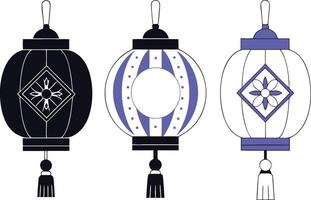 Three lanterns with tassels and a black and white design vector