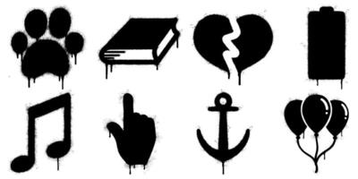 collection of eight black spray paint graffiti icons on a white background, including a paw print, book, broken heart, battery, music note, pointing hand, anchor, and balloons. vector