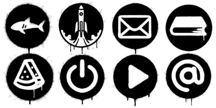 Graffiti Style Black and White Icon Set with Dripping Spray Paint Effect. icons include a shark, rocket, envelope, book, pizza slice, power button, play symbol, and at sign. vector