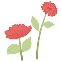 Simple stylized blooming red flower with leaves on stem, doodle flat illustration vector