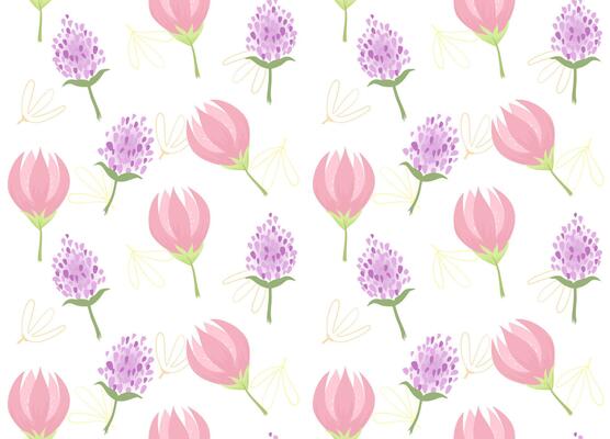 seamless pattern featuring hand-drawn watercolor illustrations of pink tulip blossoms and purple flowers, likely abstract tulips or similar small blossoms, on a white background