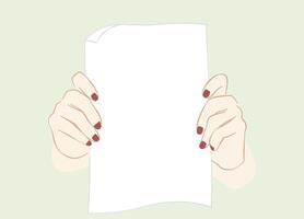 Two hands holding a white sheet. Concept for notice, display, contract notice, announce, postcard, gesture, no list. vector