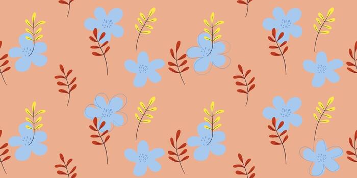 sin costura ligero azul flores patrón, amarillo frondoso sucursales, rojizo frondoso sucursales. elementos son arreglado en un disperso, aparentemente aleatorio en un ligero naranja antecedentes. vector