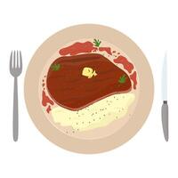 illustration of mashed potatoes with roasted cutlet and sauce. vector
