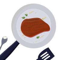 Cooking steak with seasonings on a metal griddle with a non-stick coating. Frying food in a pan. vector