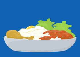 healthy breakfast with rice and hicken leg, fried egg and vegetables. vector