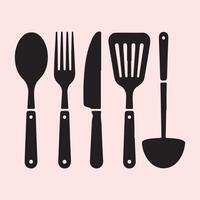 Clean Black Silhouette Set of Common Cooking Utensils vector