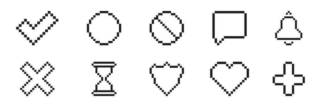 Pixel Art Icon Set Featuring Checkmark, Circle, Speech Bubble, Bell, Cross, Hourglass, Heart, And Plus. Pixelated Symbol Collection For Ui Design. Isolated Illustration vector