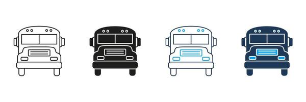 School Bus Front View Line And Solid Icon Set. Transportation, Education, And Public Transit Symbol Collection. Vehicle Design And Safety Representation. Isolated Illustration vector