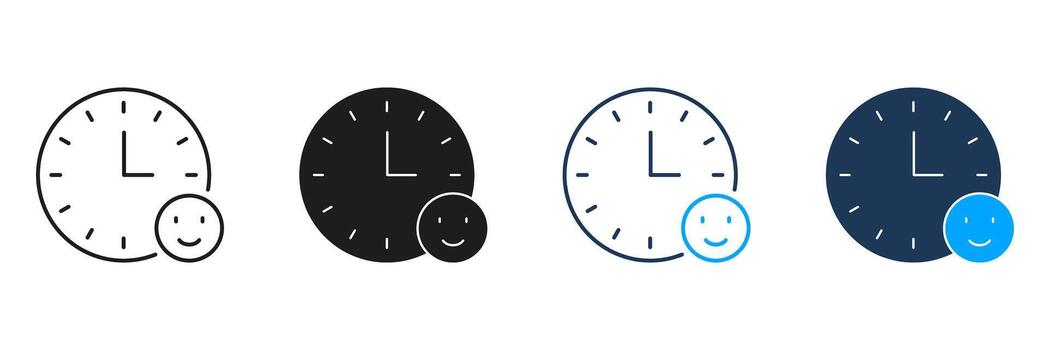 reloj con sonriente cara línea y sólido icono colocar. hora administración y positivo productividad símbolo recopilación. alentador eficiente trabajo y felicidad. aislado ilustración vector