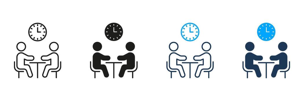 Two People Meeting With Clock Line And Solid Icon Set. Time Management, Scheduling, And Business Meeting Symbol Collection. Collaboration And Planning. Isolated Illustration vector