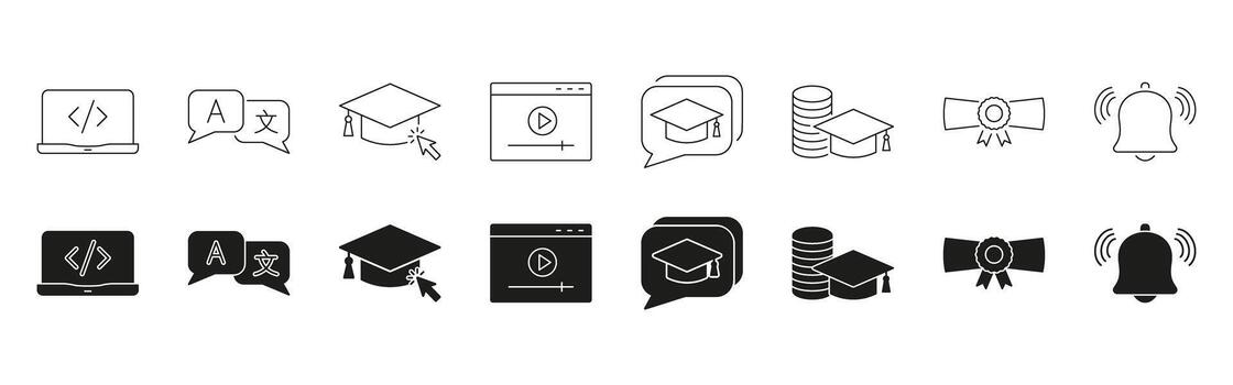 Online Education And Learning Icon Set. E-Learning, Language Translation, And Certification Symbol Collection. Digital Courses And Notifications. Isolated Illustration vector