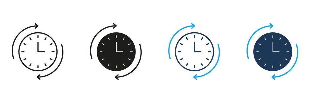 Clock With Arrows Line And Solid Icon Set. Time Management, Scheduling, And Workflow Optimization Symbol Collection. Efficient Planning And Productivity. Isolated Illustration vector