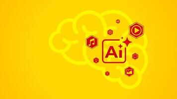 Flat illustration of an AI chip with a brain on a yellow background. The concept of artificial intelligence technology that functions as an assistant in everyday life in carrying out tasks vector