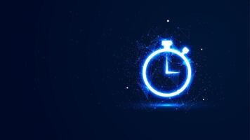 Futuristic glowing stopwatch with plexus lines and glitter particles. A symbol of time in the neon light style. 3D abstract countdown copy space in the night view. Digital technology background vector