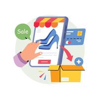 Hand selecting shoes on mobile app vector