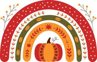 a colorful autumn scene with a pumpkin and rainbow vector