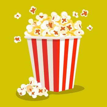 Flat style popcorn box. Popcorn is a staple snack for watching a film. Isolated on a yellow background. image vector